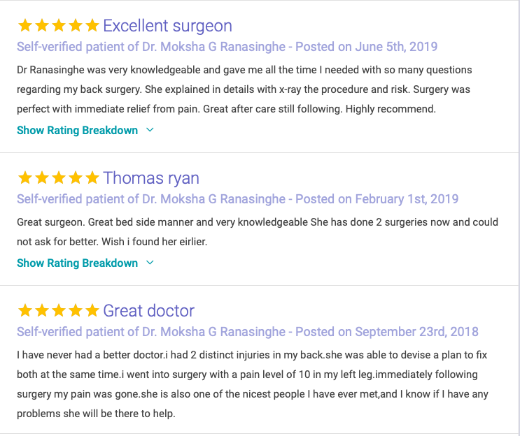 Reviews about different doctors
