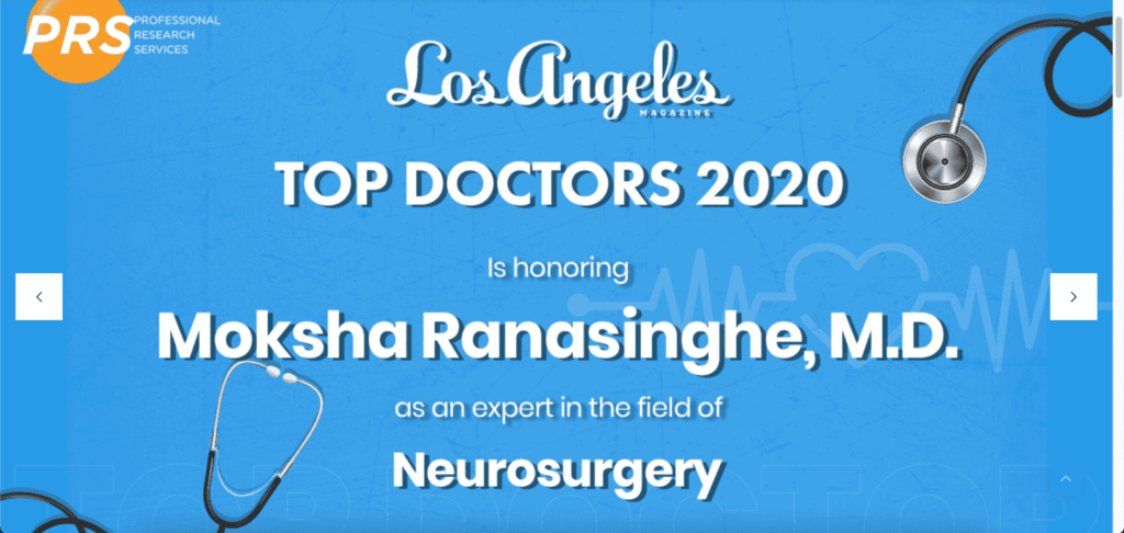 Top doctors 2020 is honoring Dr. Moksha Ranasinghe as an expert in the field of Neurosurgery