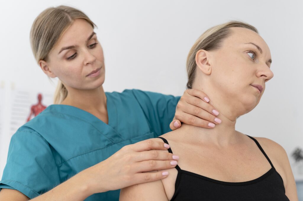 Doctor guiding neck rehabilitation after cervical neck operations. Get a virtual second opinion spine surgery in the United States.